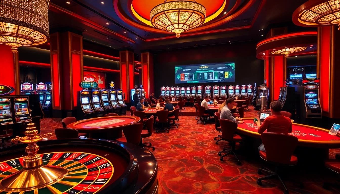Cette image sereine capture l'atmosphère d'un casino en ligne fiable avec des joueurs engagés dans divers jeux, mettant en valeur l'élégance et l'excitation.