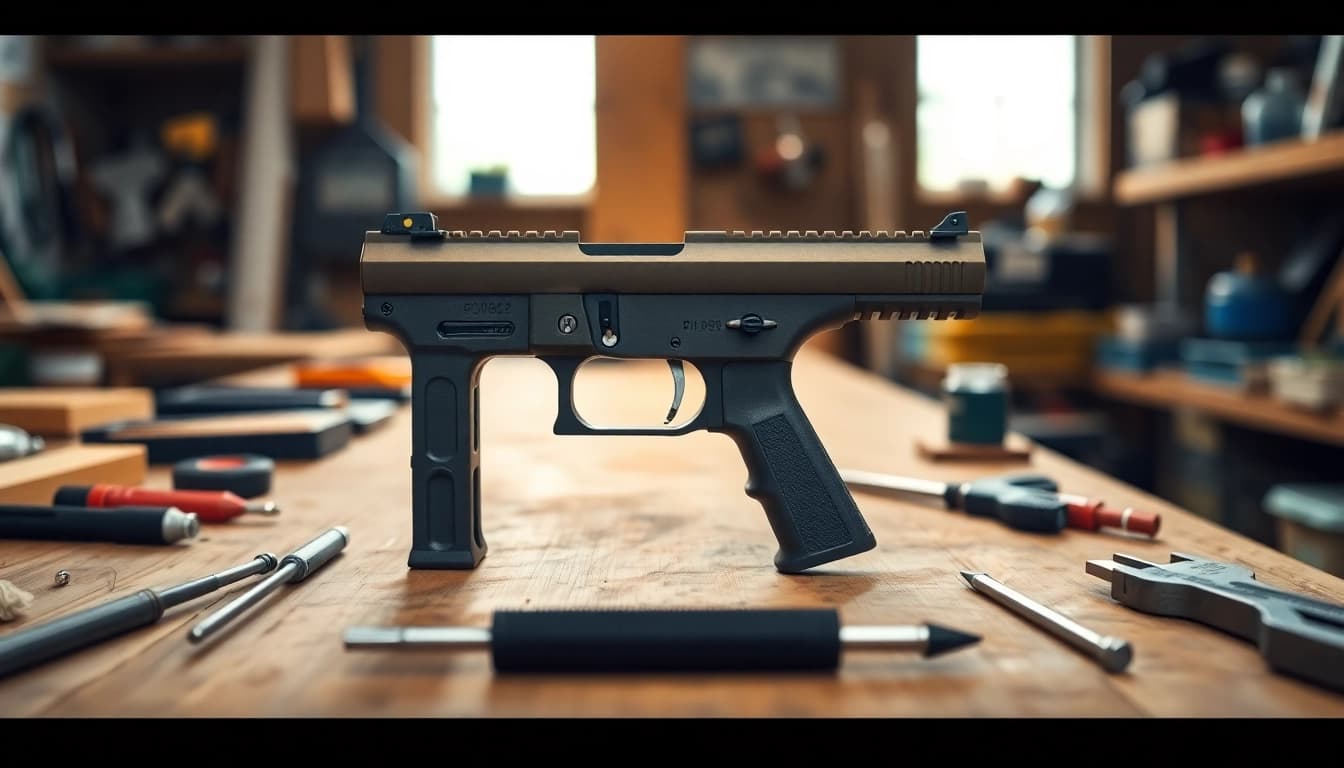 Showcasing the polymer80 pf940c 80% pistol frame kit alongside essential assembly tools.
