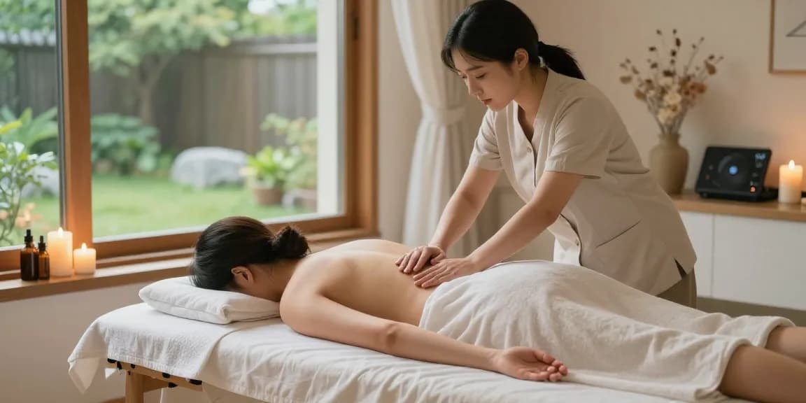성북구출장마사지 중인 마사지사와 편안한 고객의 모습, 아늑한 분위기와 자연 채광이 가득한 공간