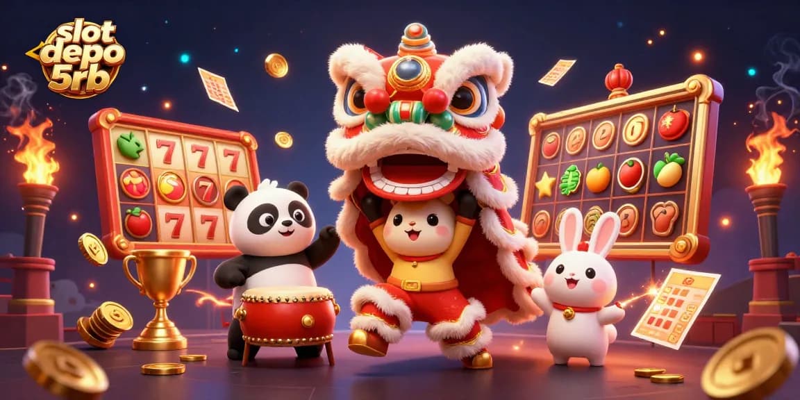 Experience thrilling wins with slot depo 5rb in a dynamic casino-themed 3D illustration.