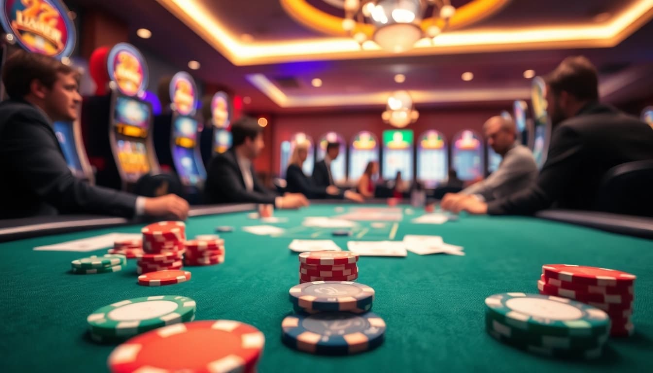 Permainan kasino pakde4d menampilkan pemain yang antusias dan tumpukan chip yang menarik.