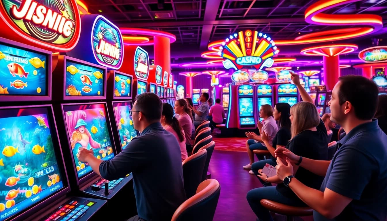 Engaging players in the exciting game bắn cá đổi thưởng with vibrant screens and lively atmosphere.
