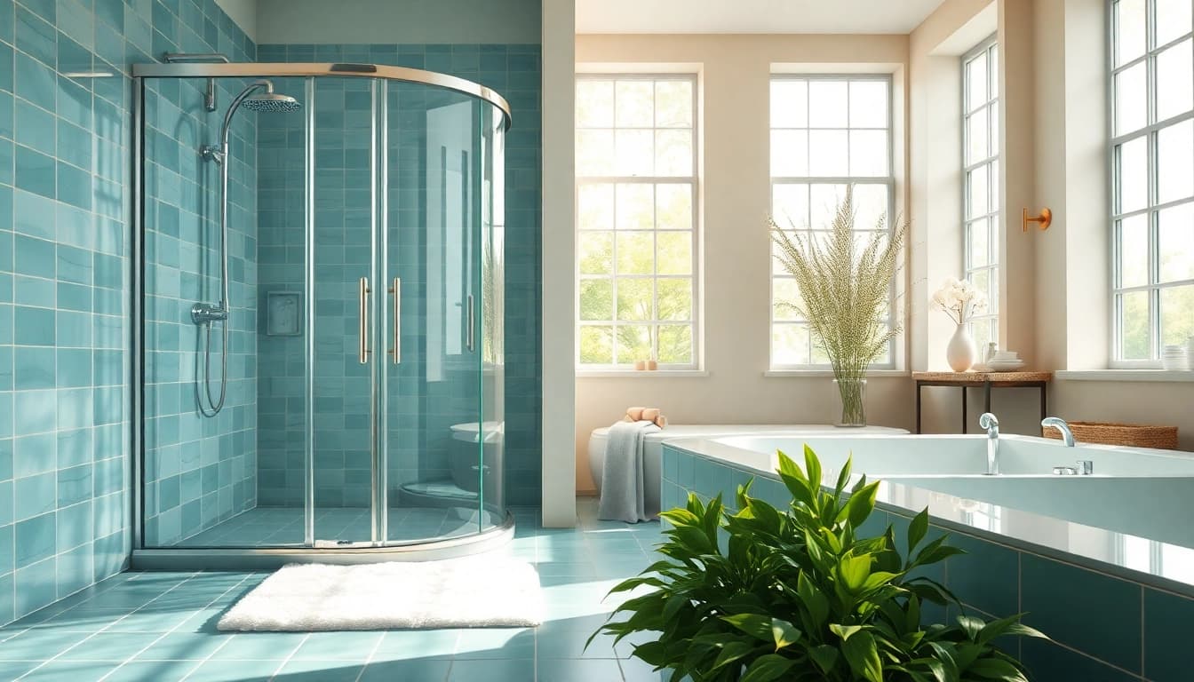 Experience elegant showers Australia in a luxurious bathroom featuring a walk-in shower and gentle lighting.