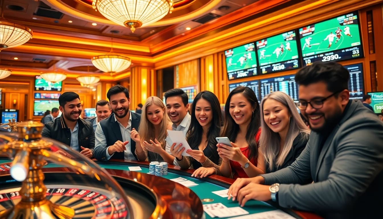Engaging gamblers focused on แทงบอลยังไง in a vibrant casino scene with high-stakes betting.