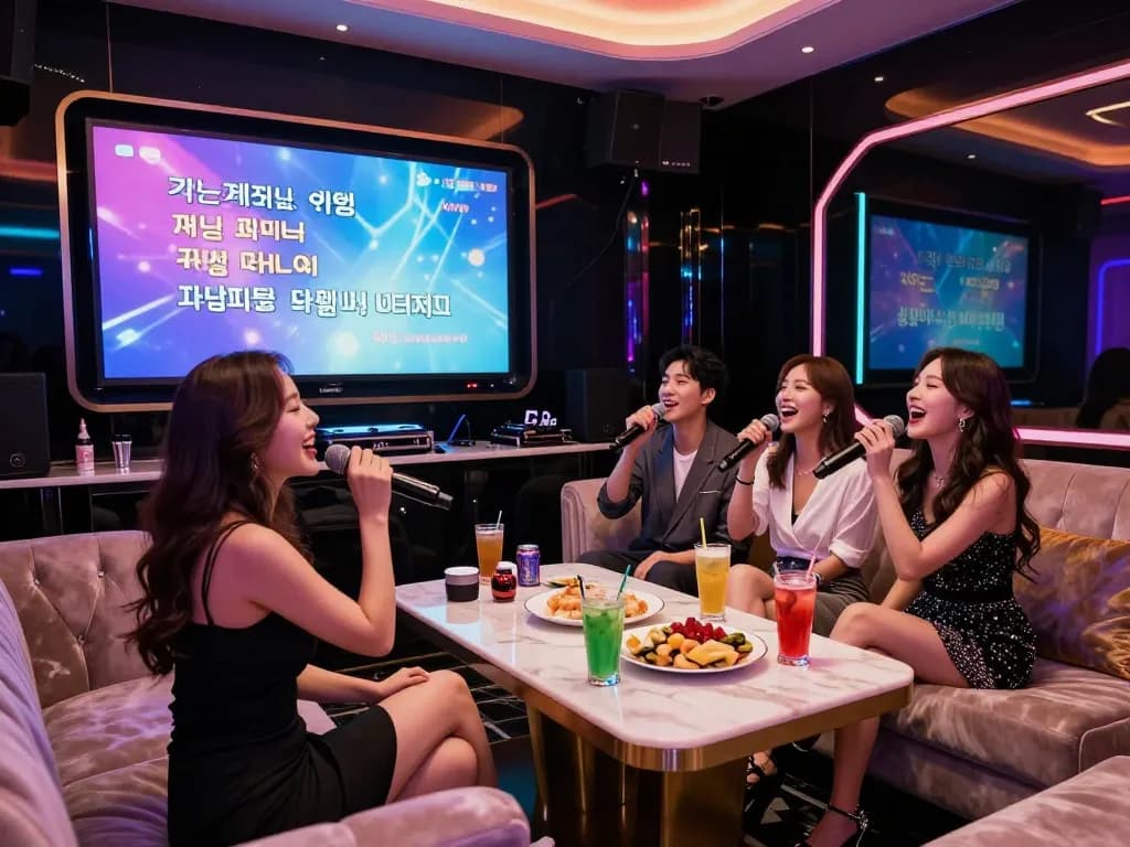 스타일리시한 장식과 활기찬 분위기 속에서 강남퍼펙트 노래방에서 축하하는 그룹.