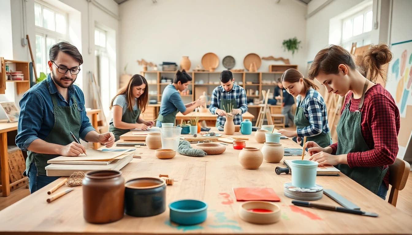 Engaged participants in craft training using tools and materials in a vibrant workshop.