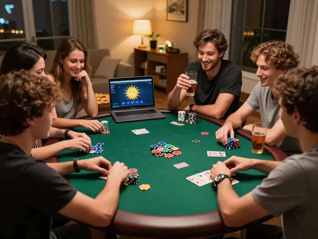 Players enjoying intense poker gameplay at home, featuring sunwinapk online interface amidst laughter and snacks.