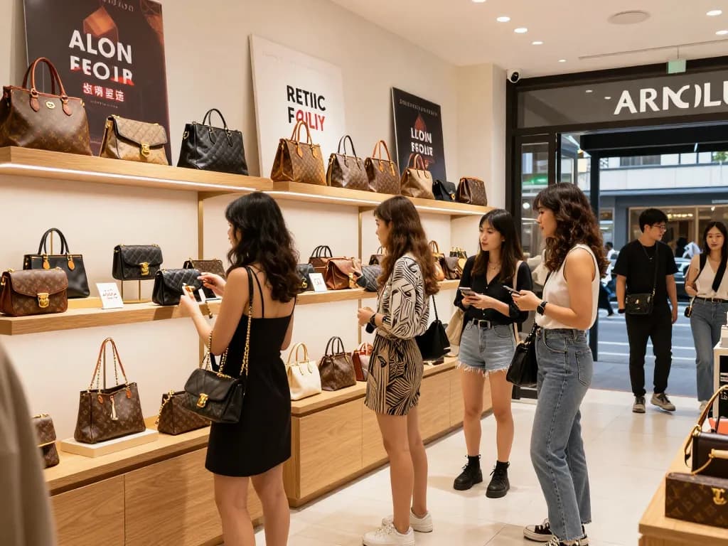 Shopping experience at a 레플리카 사이트 showcasing trendy luxury bags and outfits.
