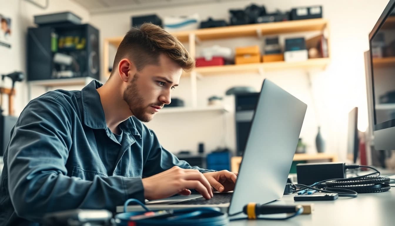 Technician performing computer repair on a laptop in a modern workspace with tools and equipment.