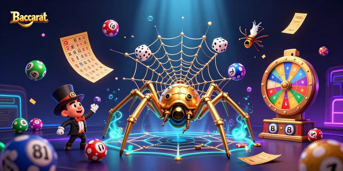 Baccarat game with steampunk spider and fly gentleman entangled in golden web and vibrant lottery elements.