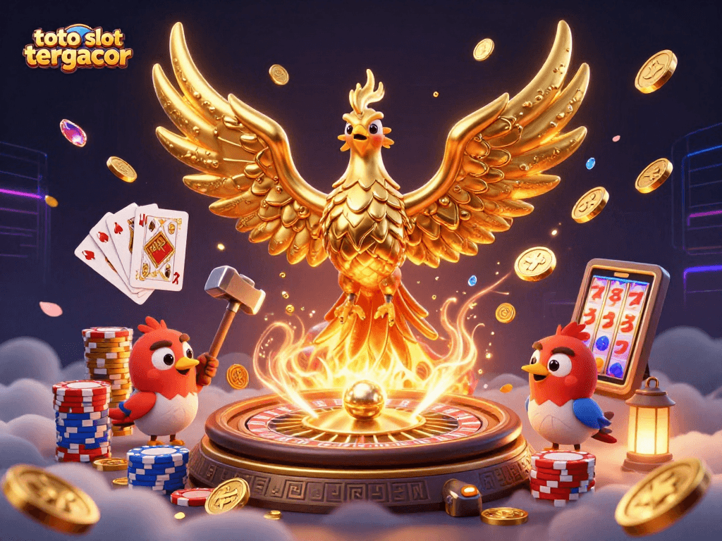 Experience the excitement of toto slot tergacor with dynamic golden coins and a phoenix in a vibrant 3D scene.