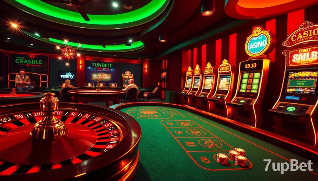 Engage with 7upbet in a vibrant casino setting featuring roulette, poker, and slot machines.