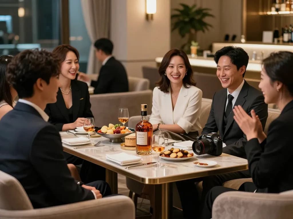 Guests enjoying 강남쩜오 experience in upscale private lounge with premium whiskey and snacks.