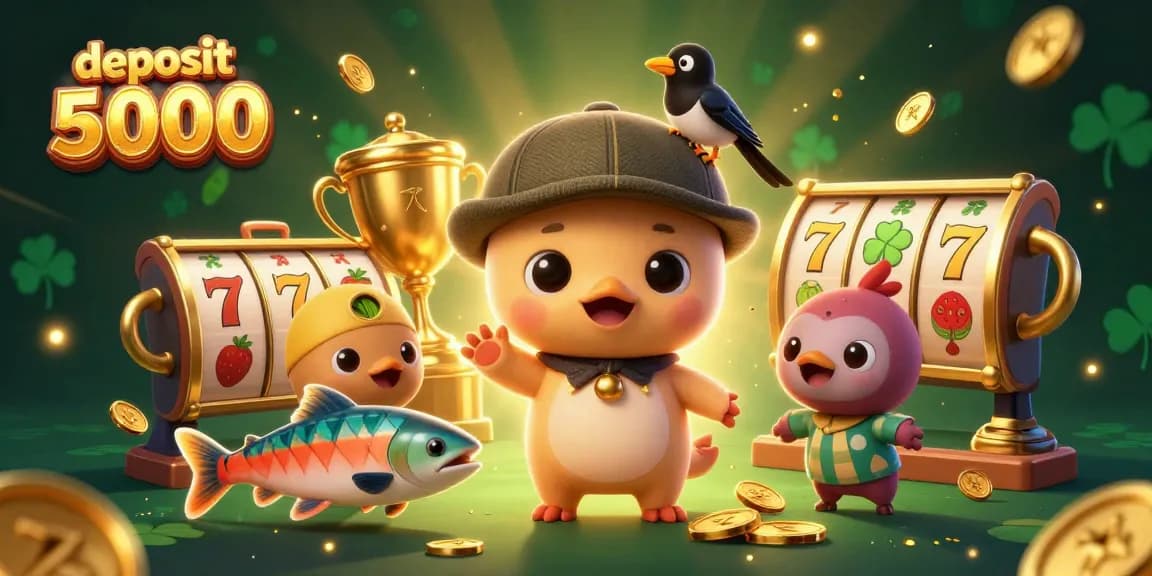 Engage with the thrilling deposit 5000 experience featuring slot reels and playful characters in an exciting casino setting.