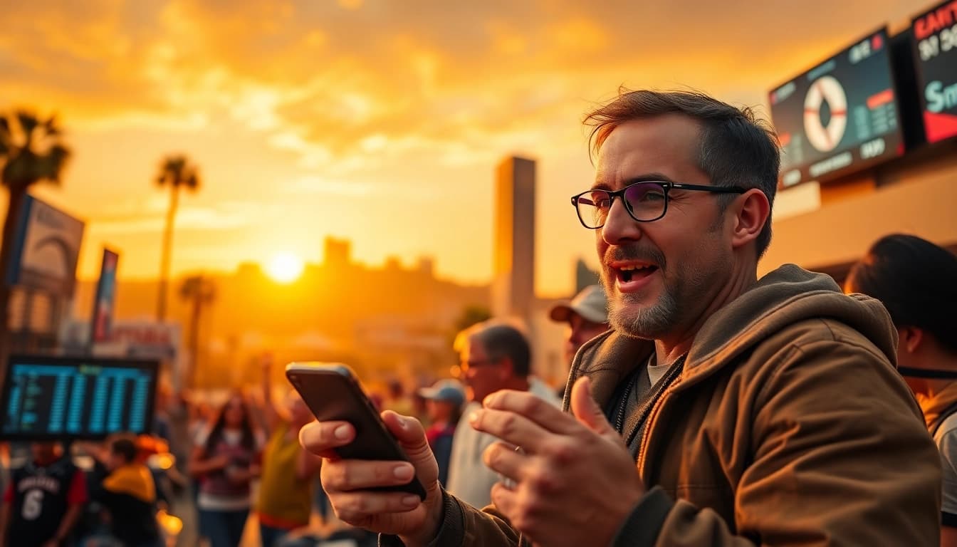 Explore top sports betting sites California with an enthusiastic fan checking live odds.
