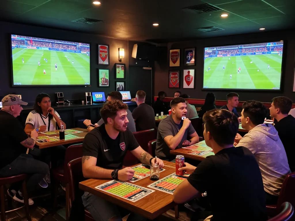Excitement in sports betting as fans analyze Nhận Định Arsenal vs Chelsea at a lively bar.