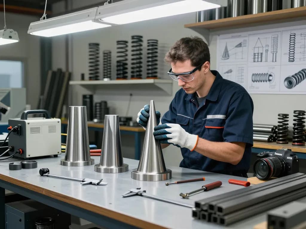 Tehnician analizând arcuri tracțiune într-un atelier industrial luminos, prezentând arcuri din oțel inoxidabil și carbon.