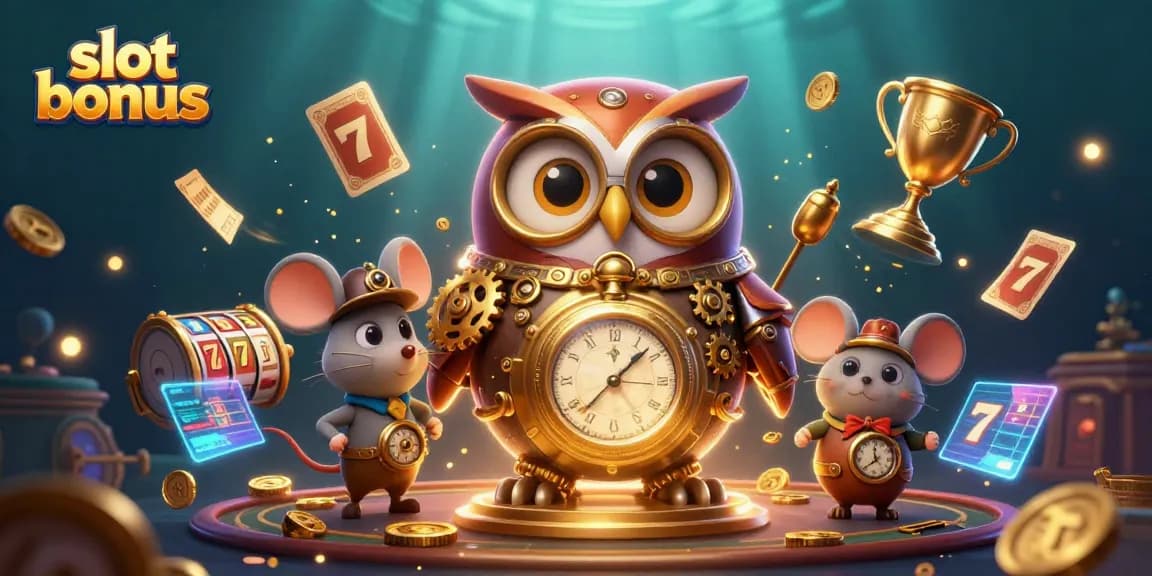 Experience the thrill with slot bonus elements as the cartoon owl and mouse navigate a vibrant casino scene.