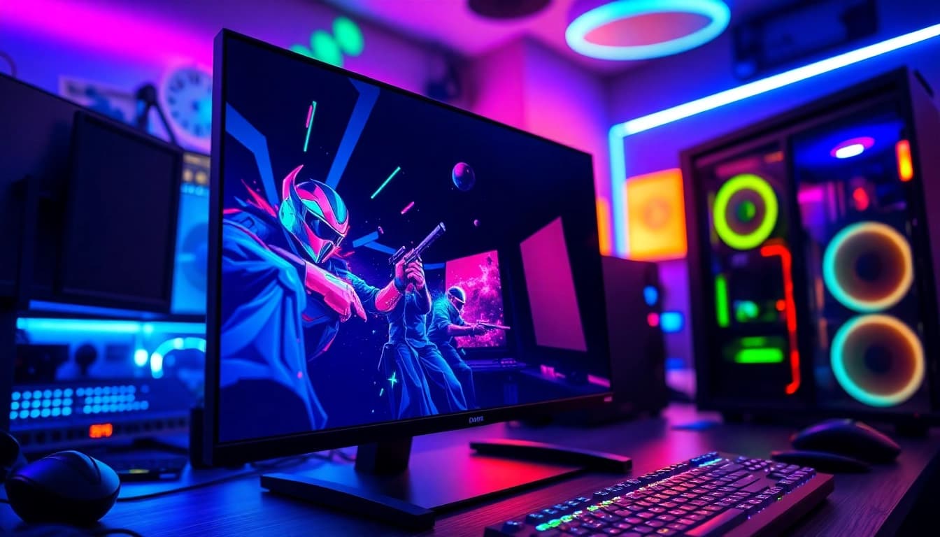 Showcase the TV88 screen in a vibrant gaming setup, emphasizing immersive visuals and high-tech peripherals.