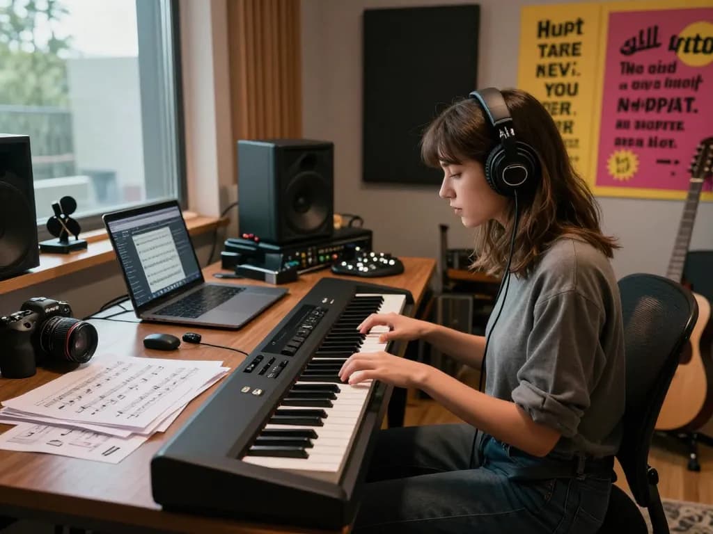 Musician composing at go 88 digital piano in a creative studio, blending modern design with musical inspiration.