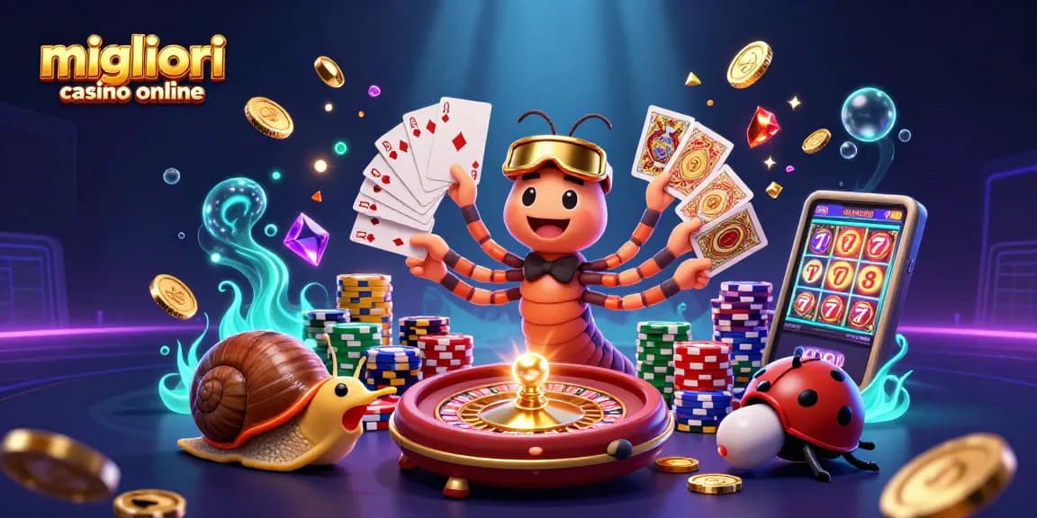 I migliori casino online con un dealer millipede che distribuisce carte in un ambiente ricco di giochi e monete d'oro.