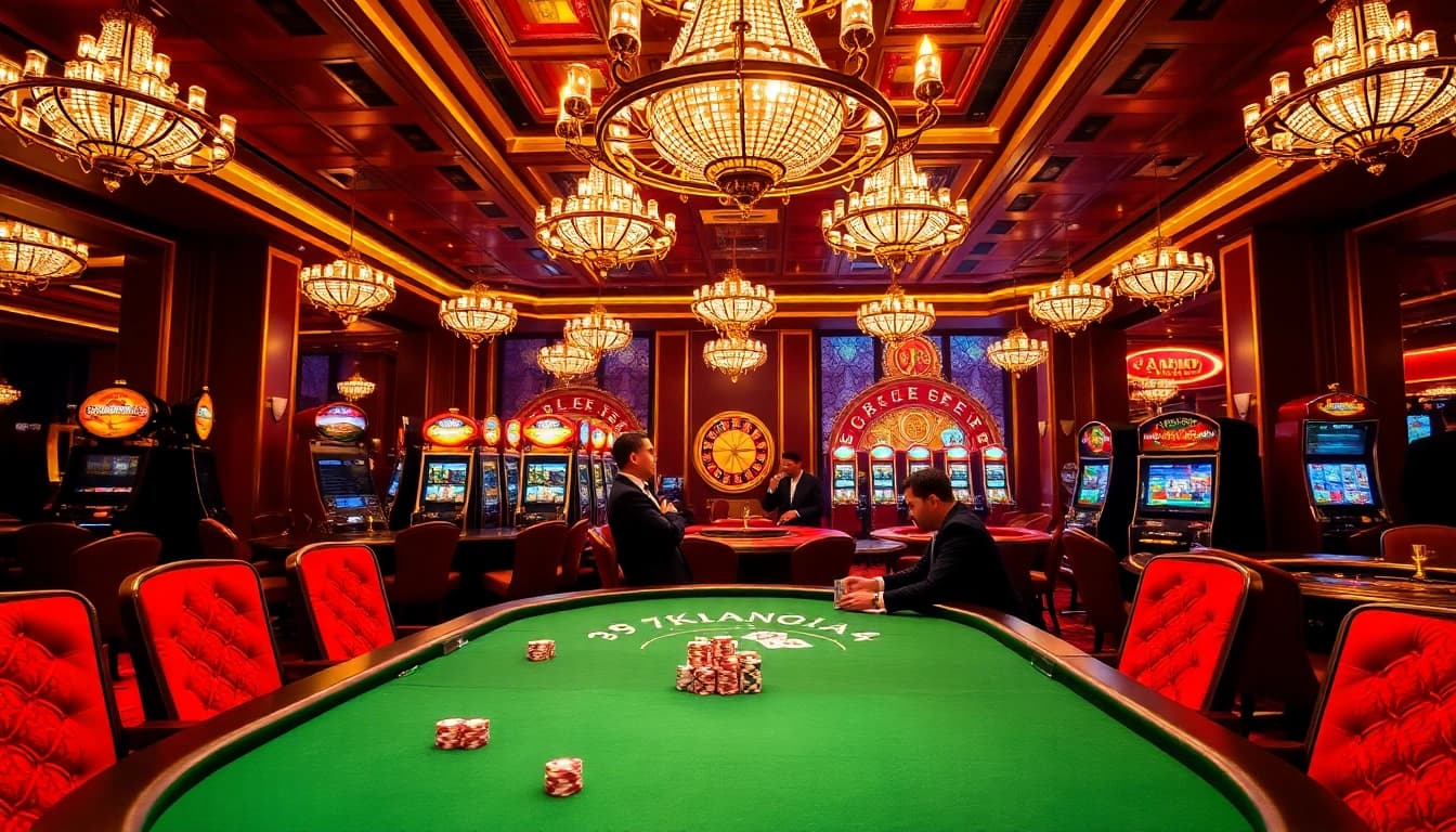 This exciting poker scene showcases 79king4 in a luxurious casino setting with vibrant tables and elegant players.