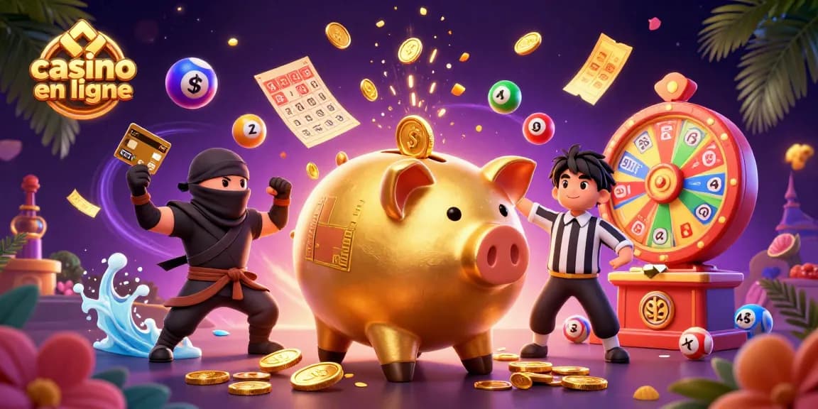 Jouez sur un casino en ligne avec des personnages et des éléments dynamiques dans une illustration 3D colorée.
