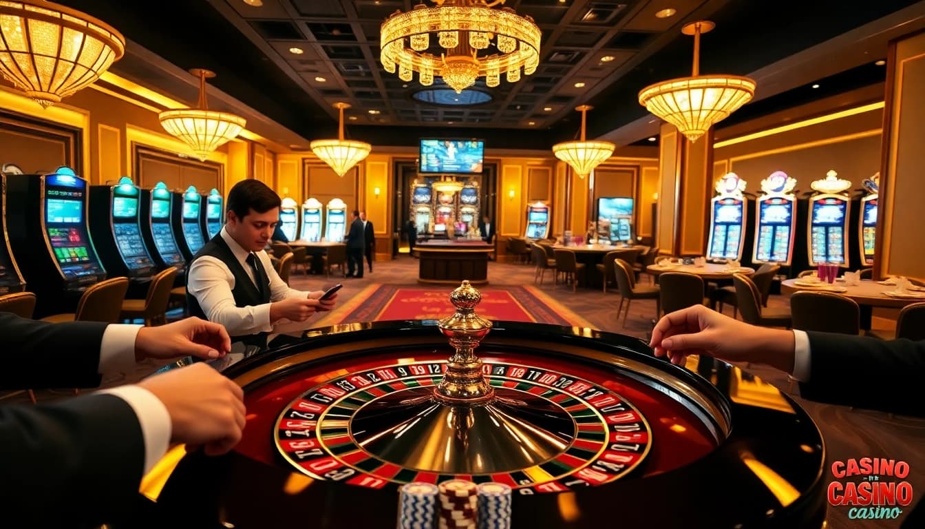 Attirer des joueurs à une table de casino de luxe avec des éléments dynamiques montrant l'excitation des casinos en ligne fiables.