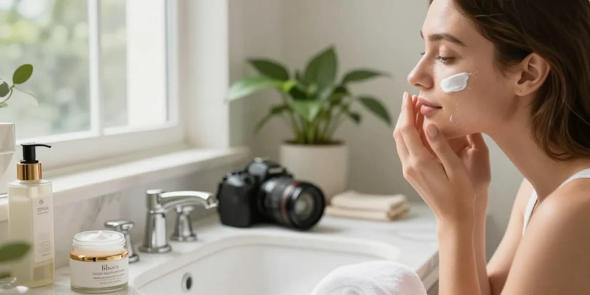 Aplicarea cremei hidratante pentru față cu lumină naturală într-un mediu de baie luxos.