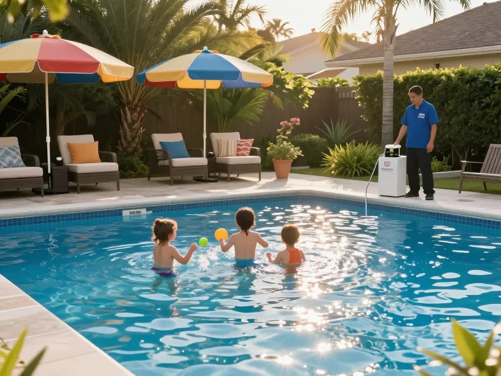Dolphin Pool Services technician performing maintenance in a vibrant pool setting with happy family.