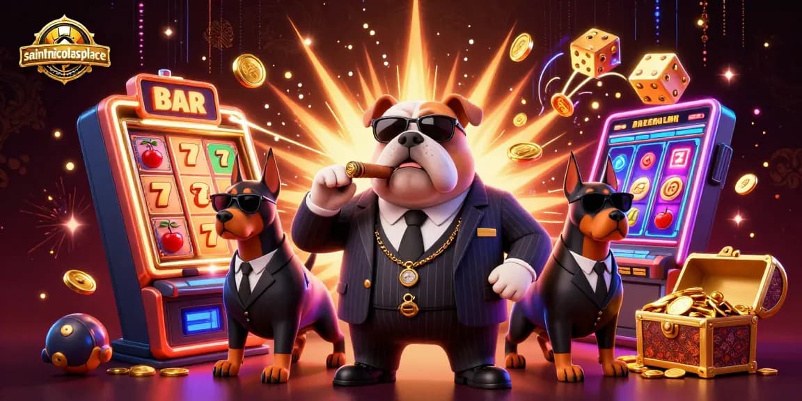 Experience the thrill at saintnicolasplace with a dynamic scene of cartoon characters enjoying casino games and big wins.
