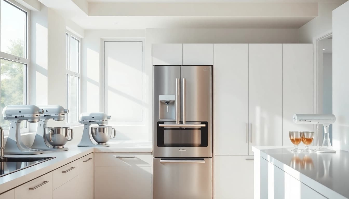 Showcase of modern home appliances in a stylish kitchen, emphasizing functionality and design.
