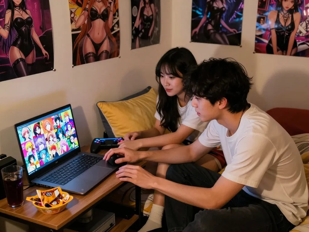 Cozy bedroom gaming scene featuring Degrees of Lewdity and adult visual novels.
