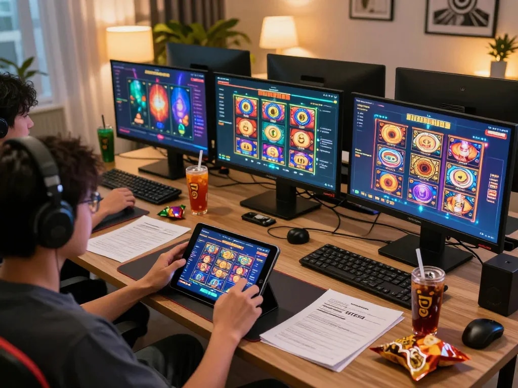 Engaging moment of playing judi slot on tablet with colorful interfaces and strategy notes.