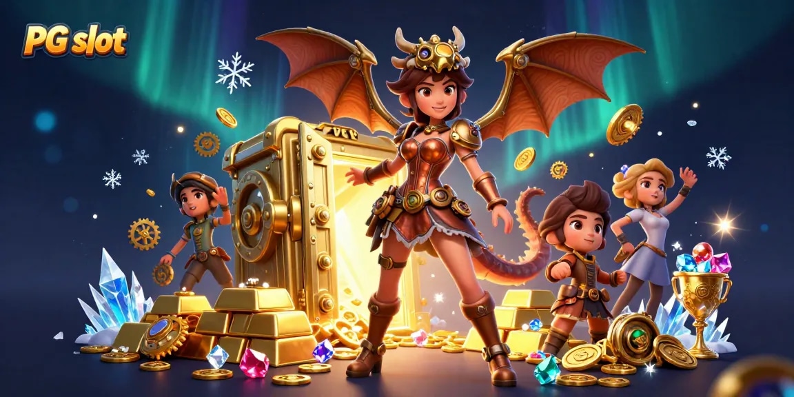 Experience thrilling PG slot action with steampunk characters amidst golden treasures and dynamic game elements.