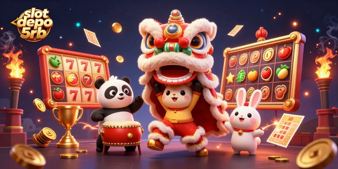 Experience thrilling wins with slot depo 5rb in a dynamic casino-themed 3D illustration.