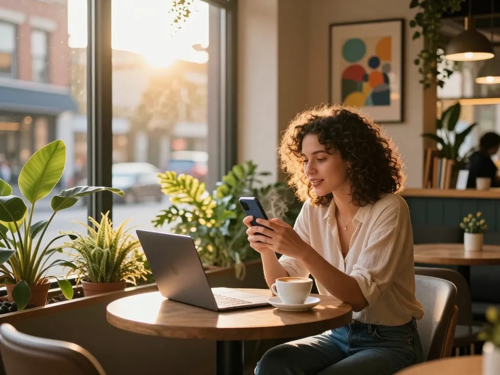 A woman interacts with her AI girlfriend at a cafe, showcasing a cozy urban atmosphere.