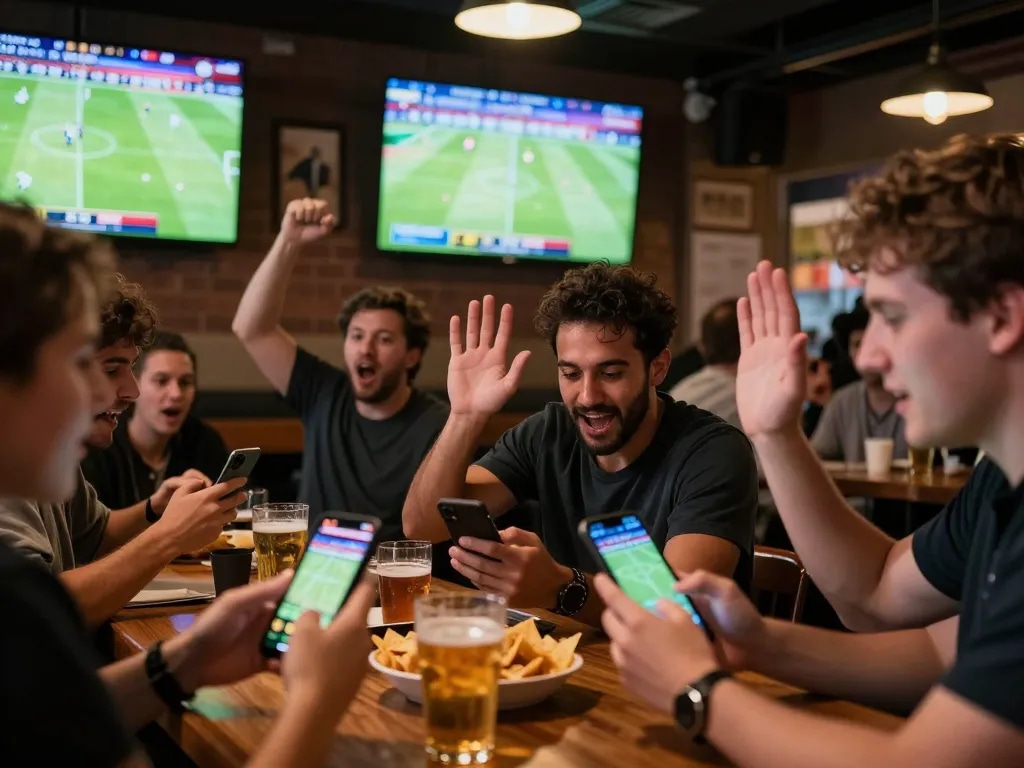 Fans placing bets on Okwintv while cheering during an exciting live football match at a sports bar.