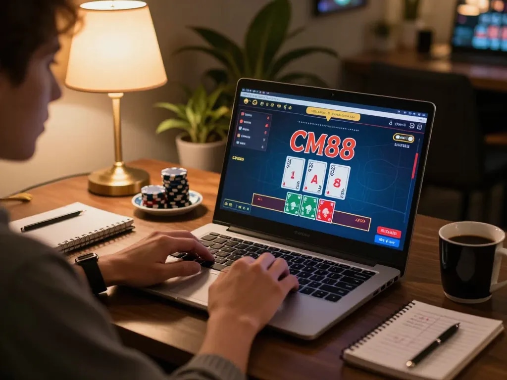Player enjoying CM88 blackjack on laptop at home, surrounded by cozy atmosphere and strategy notes.