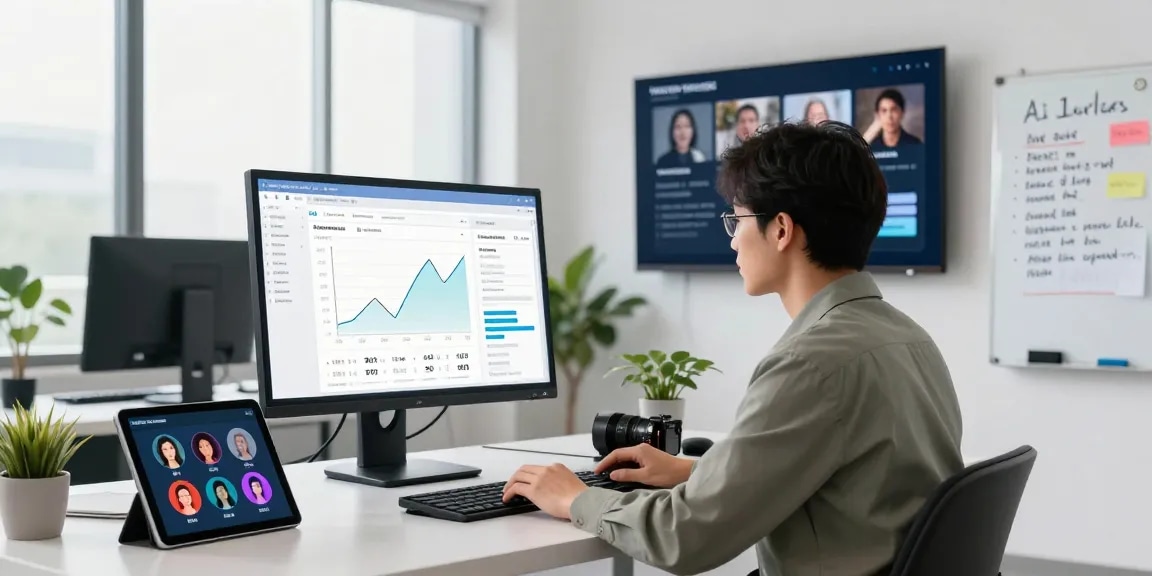 AI detector interface in a modern office, showcasing advanced content moderation technology.