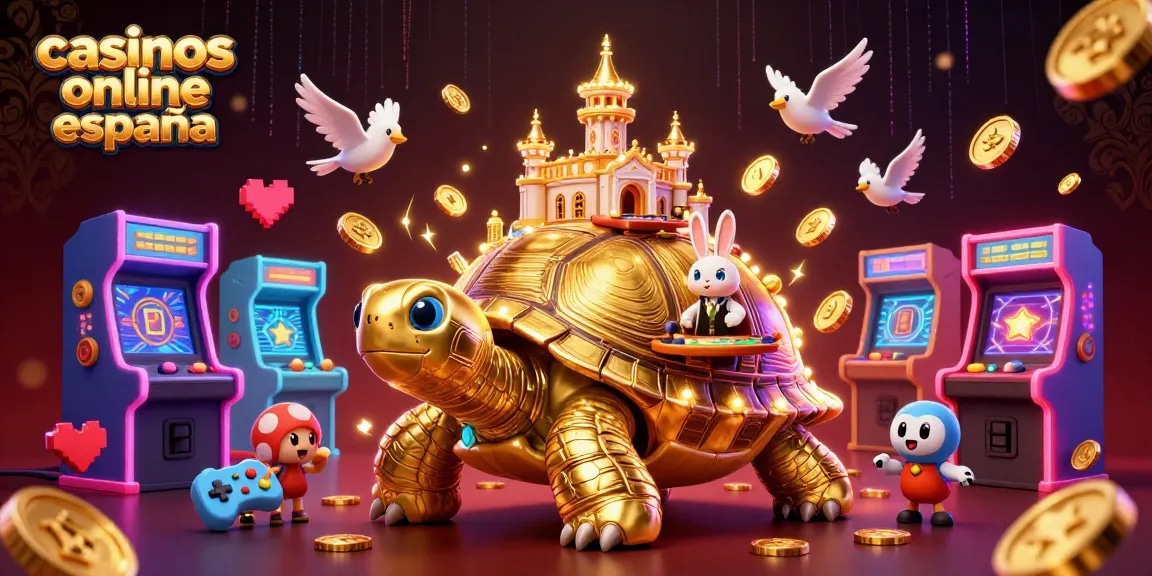 Disfruta de los casinos online España con una ilustración de una tortuga dorada y un crupier innovador.