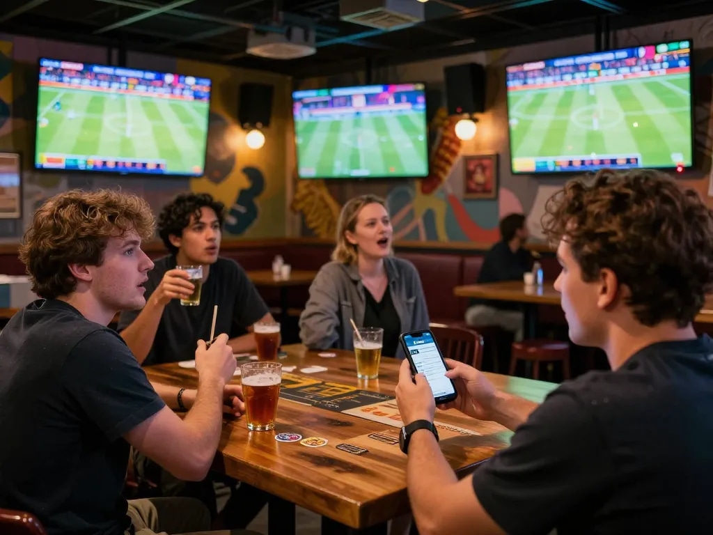 Experience thrilling sports betting with OKFUN app as patrons cheer on live events in a lively sports bar setting.