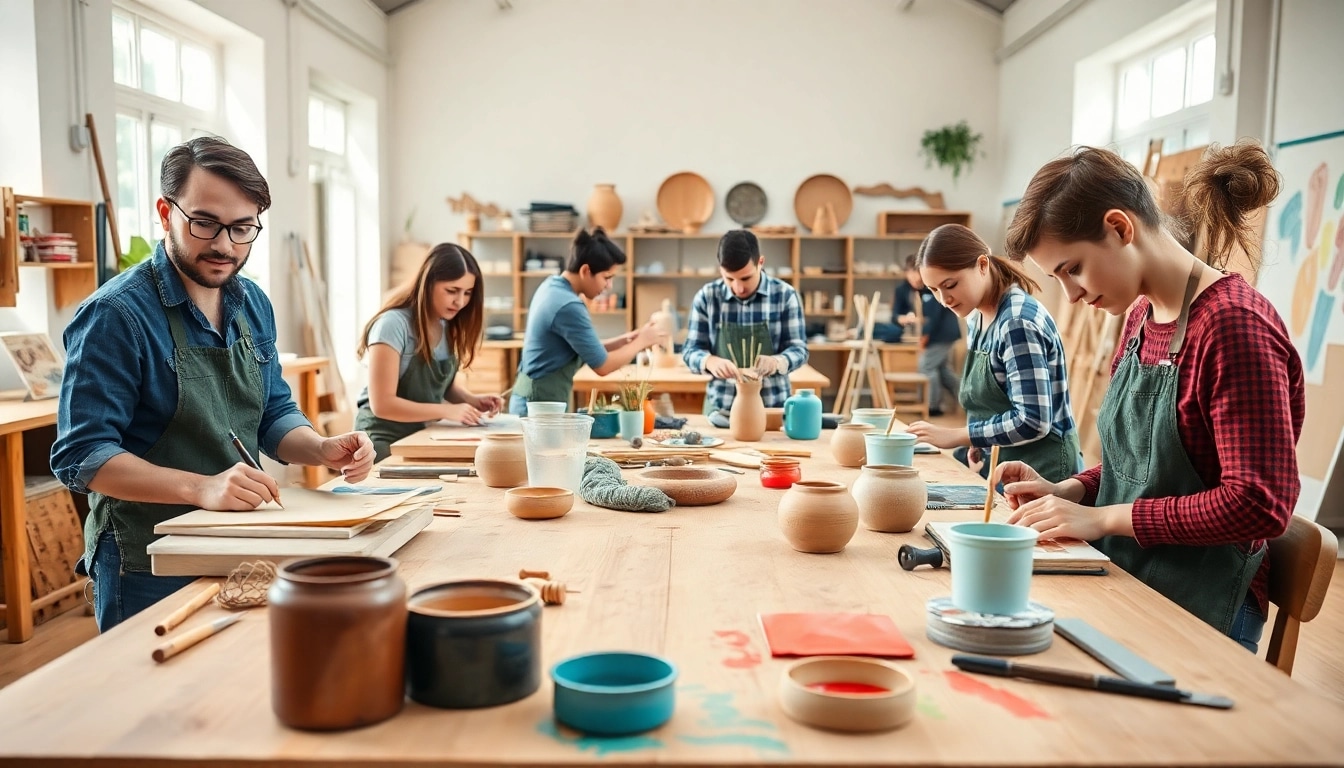 Engaged participants in craft training using tools and materials in a vibrant workshop.