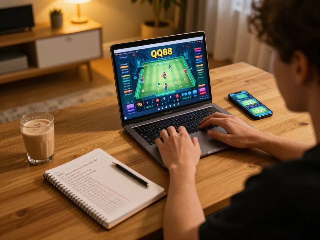 Person engaging with the QQ88 online platform during a strategic gaming session at home, showcasing an immersive experience