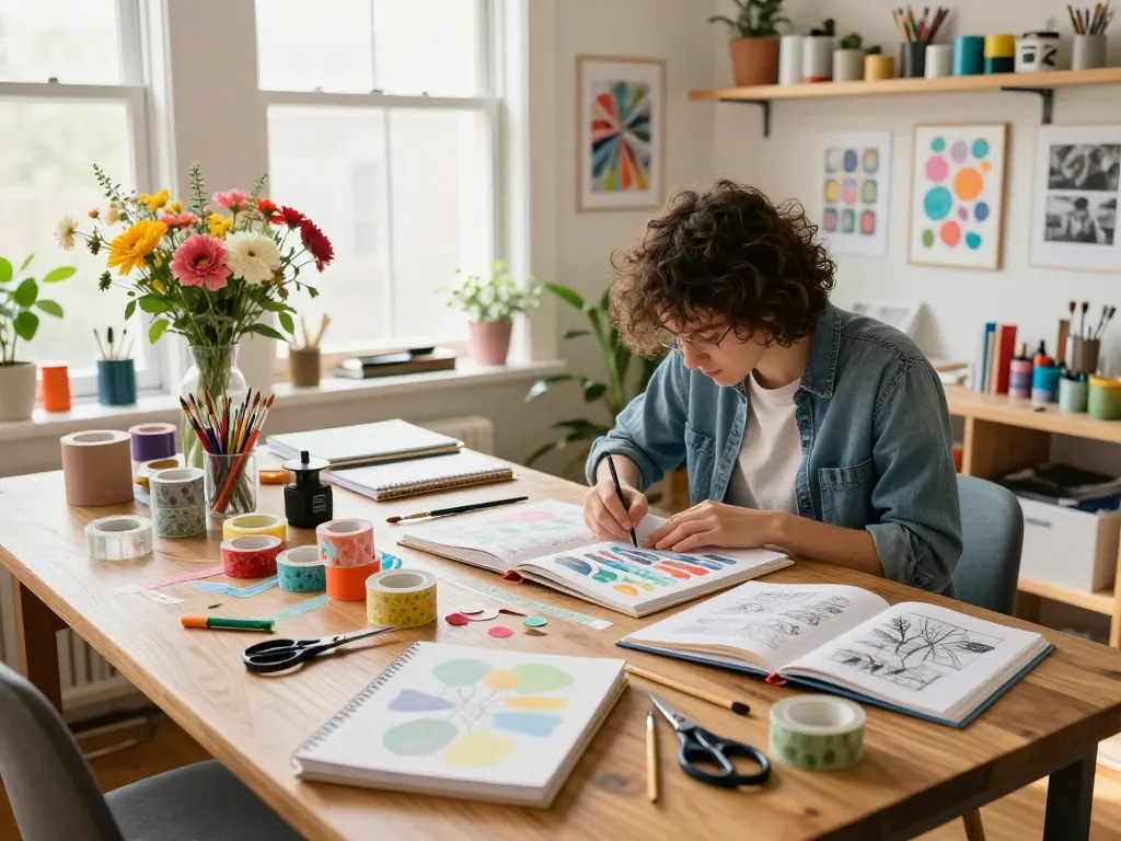 Vibrant washi tape rolls in a colorful craft room as artist decorates scrapbook.