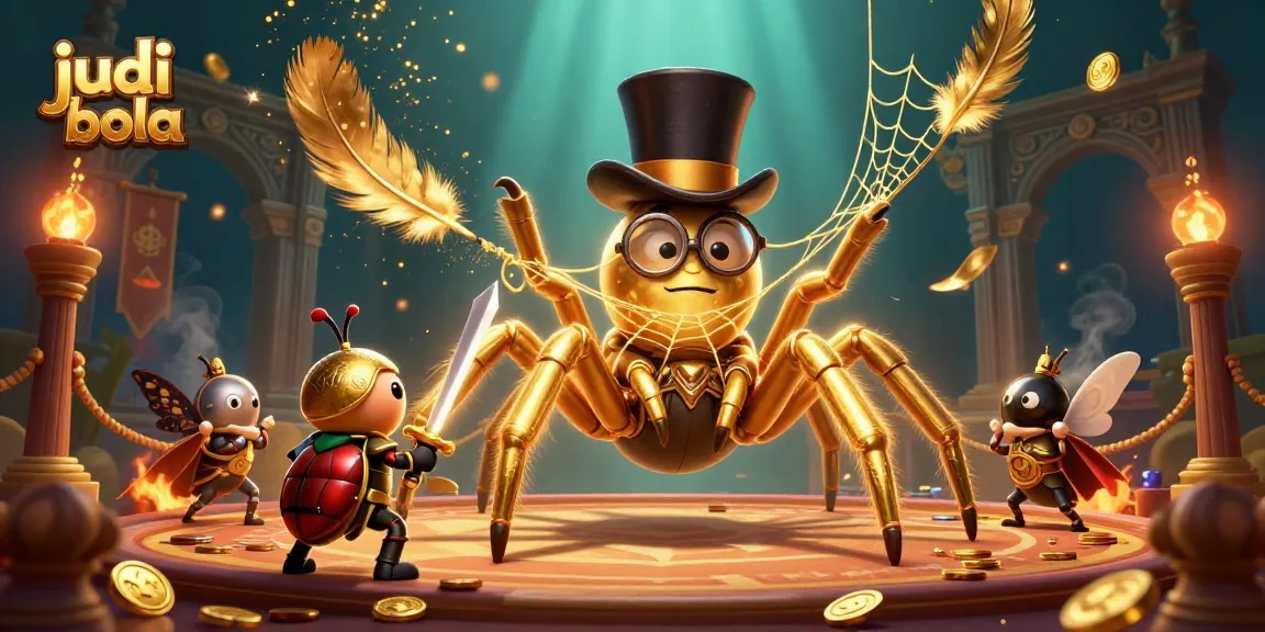 Experience judi bola excitement in a vibrant 3D scene with a brave beetle knight and a golden tarantula.