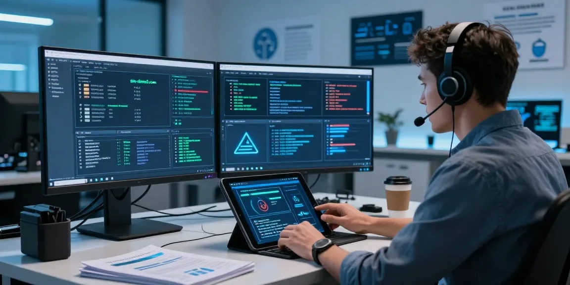 Cybersecurity analyst monitoring website shs-dome5.com with high-tech tools, highlighting online safety measures.
