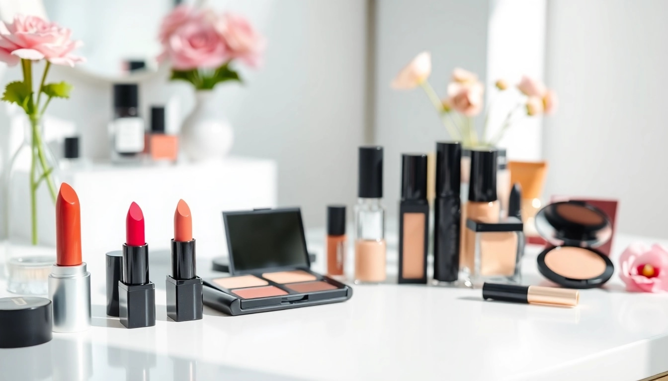 Showcase of wholesale make up products arranged on a stylish vanity.