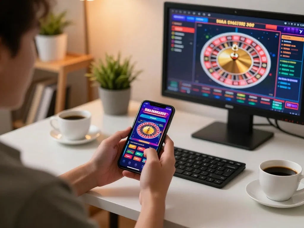 Engaging moment using a slot server thailand app on smartphone in a modern gaming setup.
