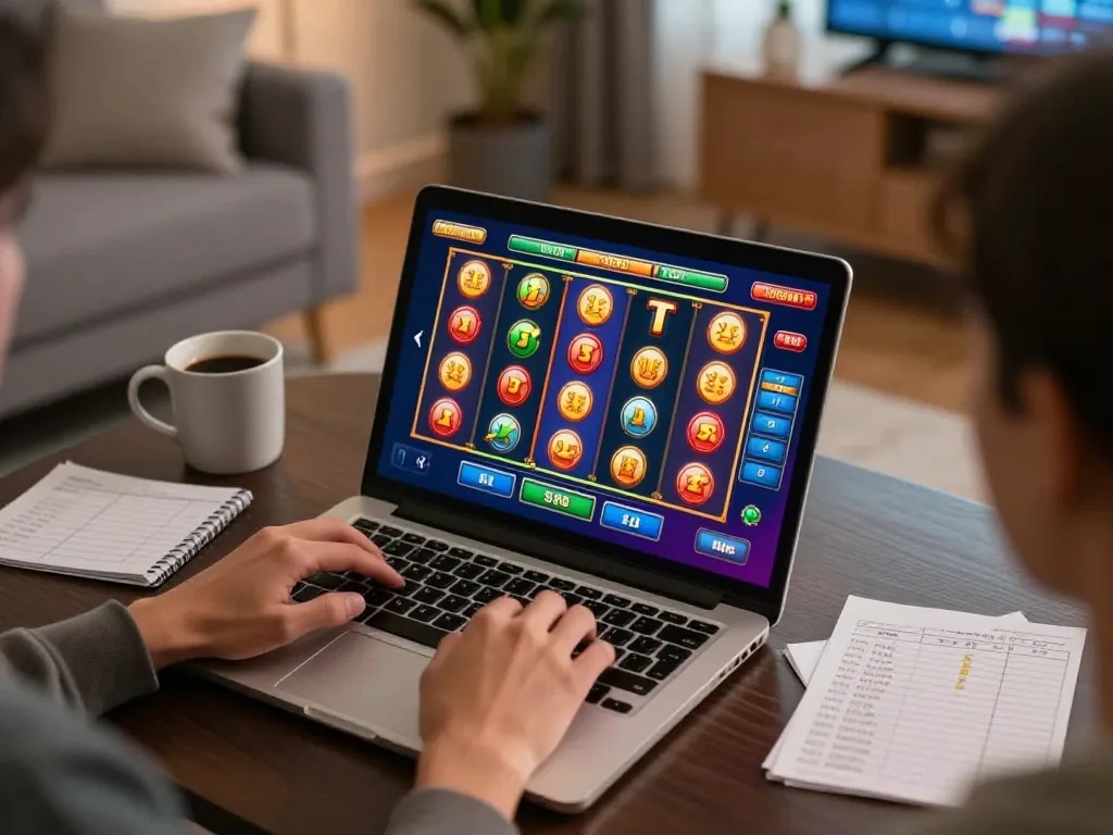 Engaging scene of a person playing slot online on a laptop, showcasing colorful reels and gameplay strategy.